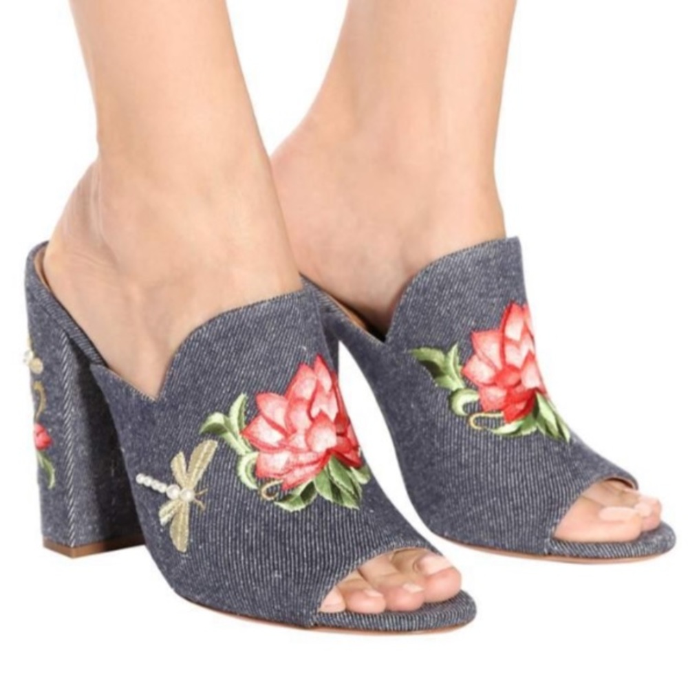 Aquazzura Lotus Embroidered Denim Mules Sz 8.5
